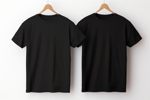 Duas camisetas pretas penduradas em uma simulação de fundo branco