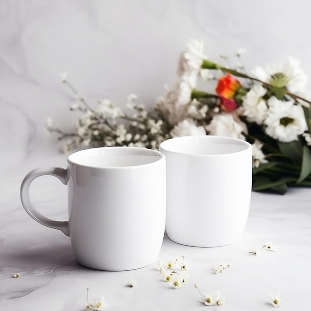 Duas canecas brancas estão sobre uma mesa com flores e um buquê de flores.