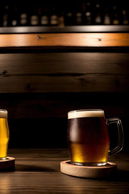 Duas canecas de cerveja em cima de uma mesa de madeira