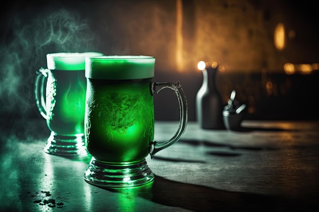 Duas canecas de cerveja verde no bar no pub Símbolo da celebração do Dia de São Patrício