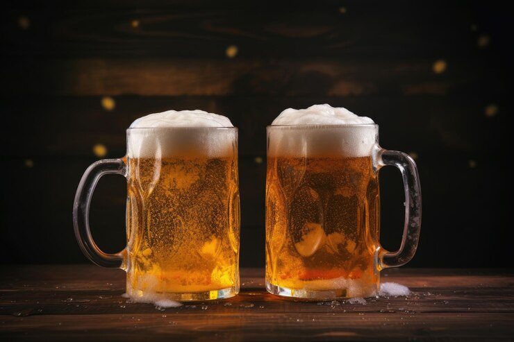 Foto duas canecas geladas de cerveja espumando sobre uma mesa de madeira com um pano de fundo escuro tem espaço para escrever