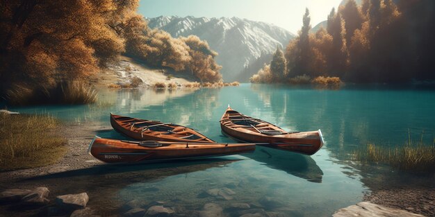 Duas canoas estão flutuando em um lago com montanhas ao fundo.