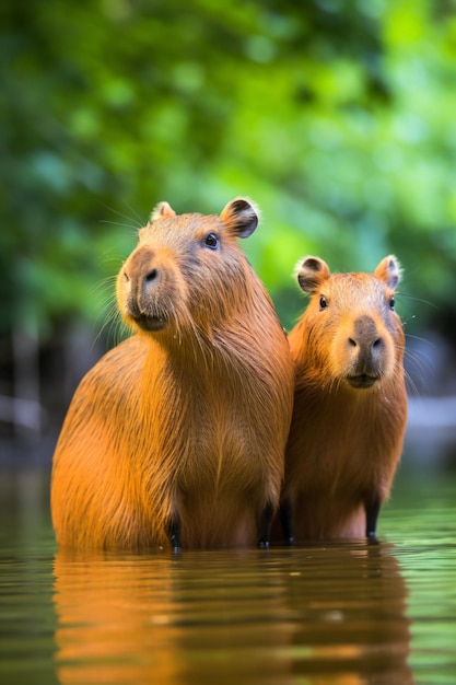 Foto duas capivaras estão paradas na água