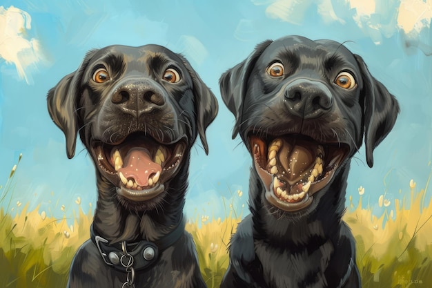 Duas caricaturas humorísticas e exageradas de Labradores com uma giro divertido em retratos de animais de estimação