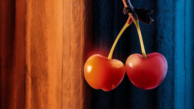 duas cerejas penduradas de um gancho com um fundo preto