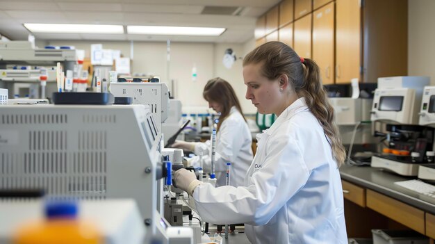 Foto duas cientistas em casacos de laboratório trabalham em uma experiência em um laboratório