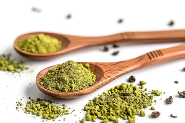 Duas colheres de madeira com chá verde moído e seco em pó matcha verde em pó super alimento antioxidante