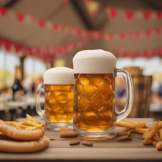 Foto duas copas de cerveja e um prato de batatas fritas com as palavras cerveja