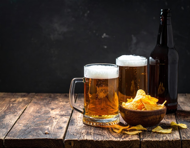 Duas copas de cerveja espumosas, uma garrafa e uma tigela de batatas fritas em uma mesa de madeira rústica com um fundo escuro e descontraído