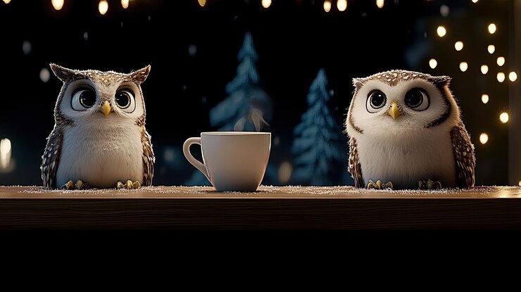 Foto duas corujas bonitas vestindo chapéus e lenços de inverno saboreiam café quente de xícaras vermelhas em uma mesa coberta de neve com a bela natureza ao seu redor em um ambiente aconchegante de inverno