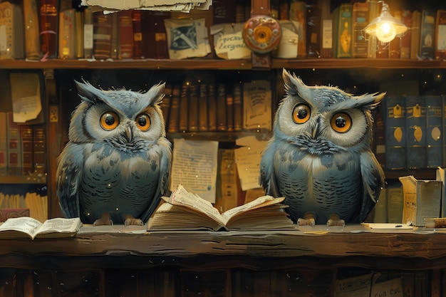 Duas corujas em cima de um livro aberto.