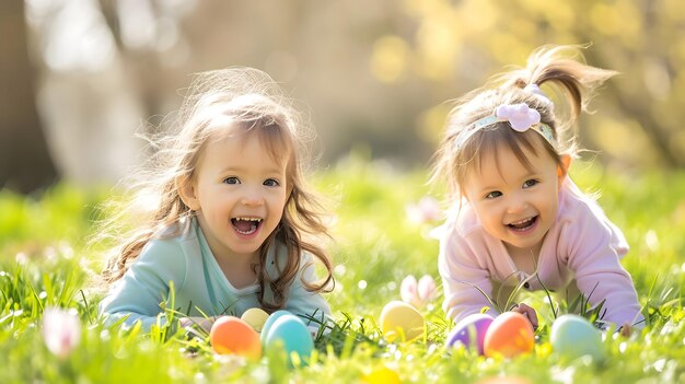 Duas crianças alegres coletando ovos de Páscoa coloridos no jardim em um dia ensolarado