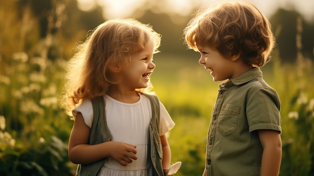 Duas crianças bonitas sorrindo rindo olhando um para o outro conceito de comunicação de amizade