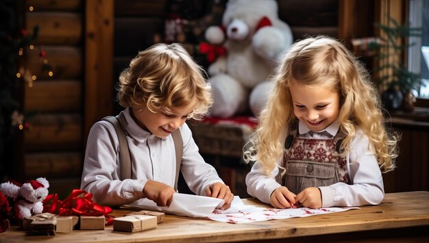 Duas crianças bonitinhas, menino e menina, escrevendo carta para o Papai Noel