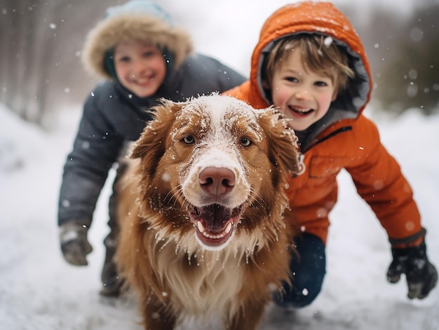 duas crianças brincam com cachorro na neve no quintal gerado ia