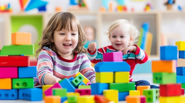 duas crianças brincando com uma pilha de blocos coloridos