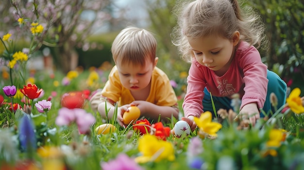 duas crianças brincando em um campo de flores com um pato amarelo