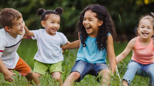 duas crianças brincando na grama com uma vestindo uma camisa azul