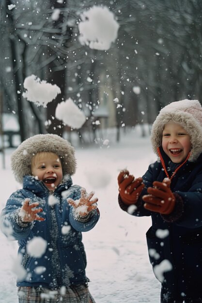 duas crianças brincando na neve com a neve caindo