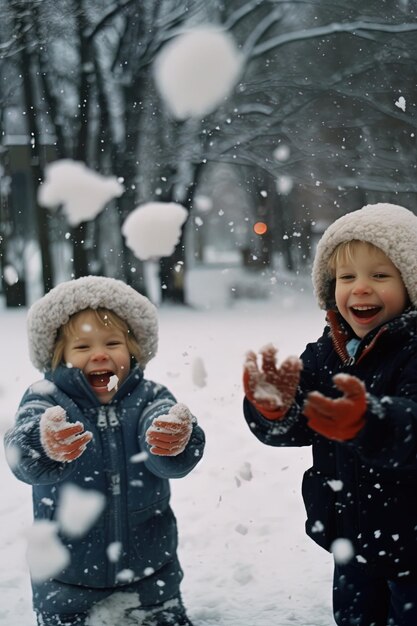 duas crianças brincando na neve com neve em seus rostos