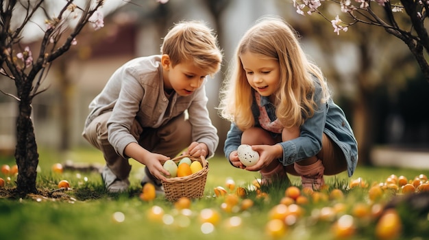 Duas crianças caucasianas coletando ovos de Páscoa no jardim