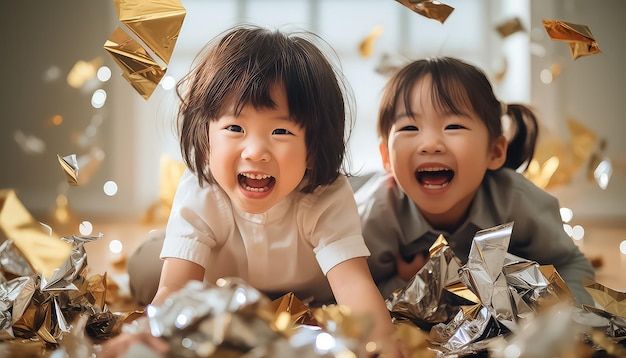 Duas crianças chinesas recebem presentes para o Ano Novo