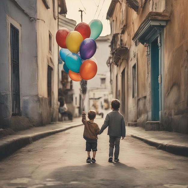 duas crianças com balões coloridosdois meninos brincando com balões coloridosdois meninos com um balão