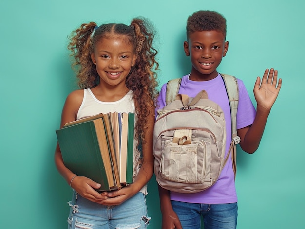 duas crianças com livros estão de pé uma ao lado da outra