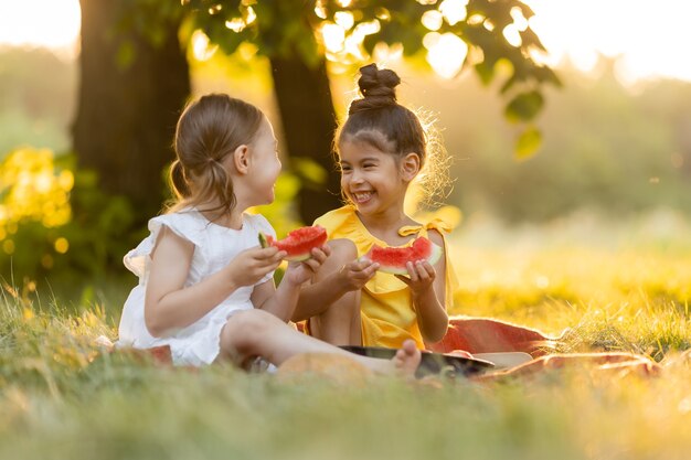 Duas crianças comendo melancia no jardim Crianças comem frutas ao ar livre Lanche saudável para crianças