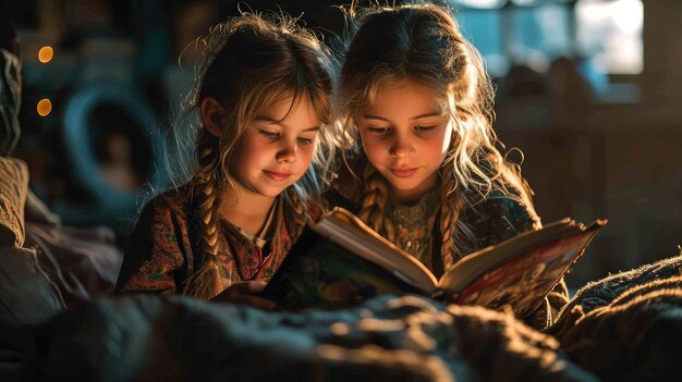 Foto duas crianças compartilhando um momento feliz lendo um livro na sala escura