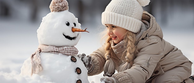 Duas crianças contentes construindo um boneco de neve em um dia de inverno