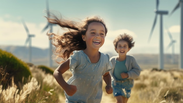 Duas crianças correm por um campo e brincam em frente a turbinas eólicas Criadas com tecnologia Generative AI