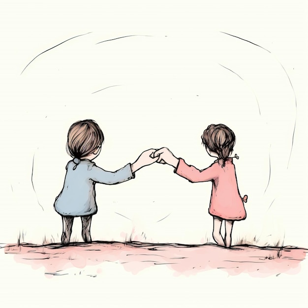 Foto duas crianças de mãos dadas, uma das quais com a outra de mãos dadas