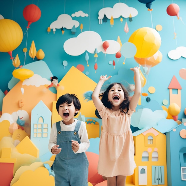 Duas crianças de pé em frente a uma parede com balões