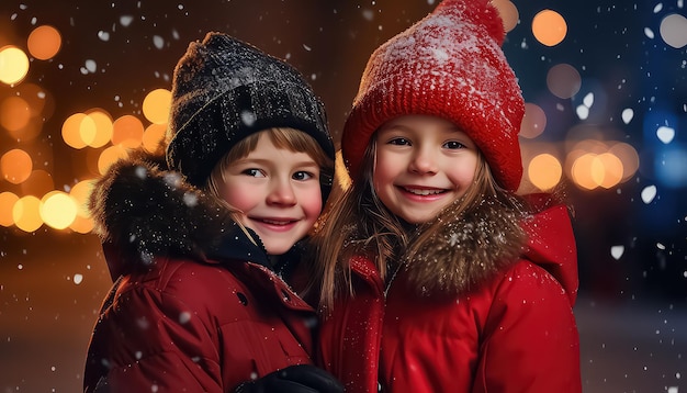 Duas crianças em roupas de inverno conceito de natal e ano novo