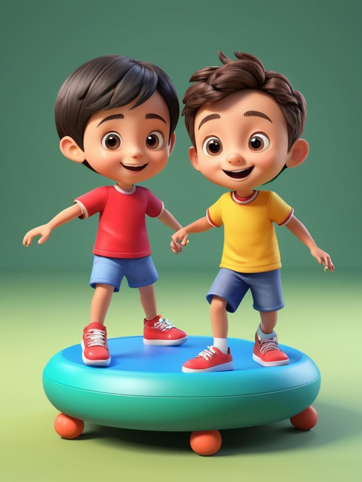 Foto duas crianças em uma plataforma com um brinquedo de um menino e um menino nele