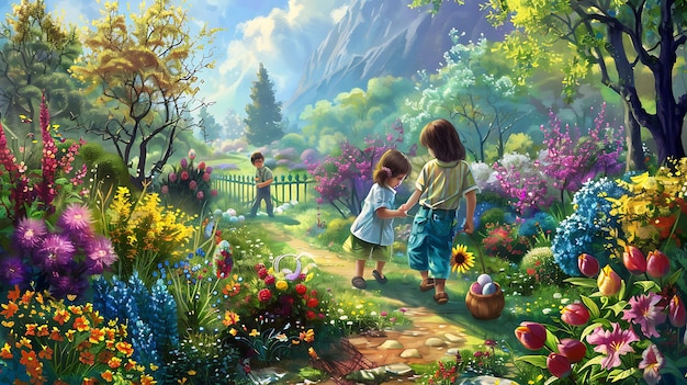 Duas crianças estão andando em um belo jardim cheio de flores, de mãos dadas e carregando uma cesta.
