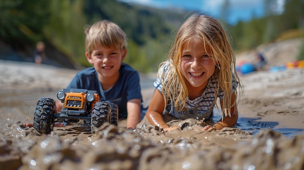 Foto duas crianças estão brincando com um caminhão de brinquedo na areia