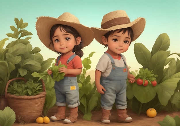 duas crianças estão em um campo com uma cesta de tomates.