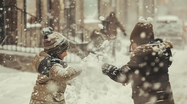 Foto duas crianças estão fazendo uma luta de bolas de neve em uma rua coberta de neve. ambos estão vestindo roupas de inverno e estão aconchegados contra o frio.