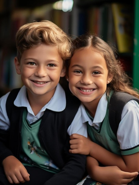 Duas crianças estão sorrindo e uma tem um sorriso no rosto.