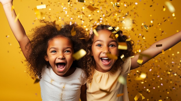 Duas crianças exultantes com sorrisos largos cercadas por confetes coloridos voadores