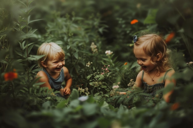 Duas crianças felizes brincando em um jardim verde exuberante