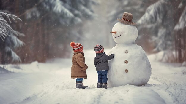 Duas crianças felizes estão brincando com grandes bonecos de neve Generative AI