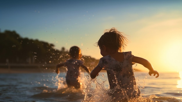 duas crianças felizes pequenos meninos no pôr-do-sol mar correr e brincar na praia e na água do mar