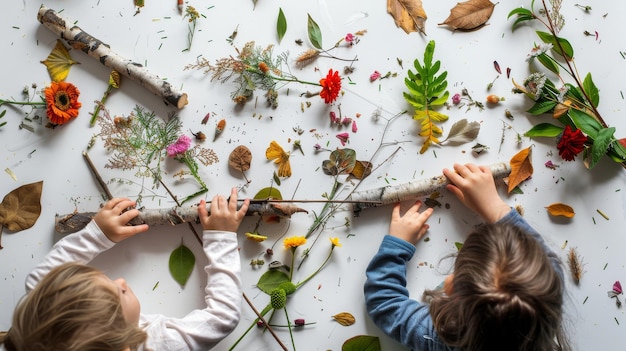 Duas crianças felizmente exploram flores e folhas em uma mesa