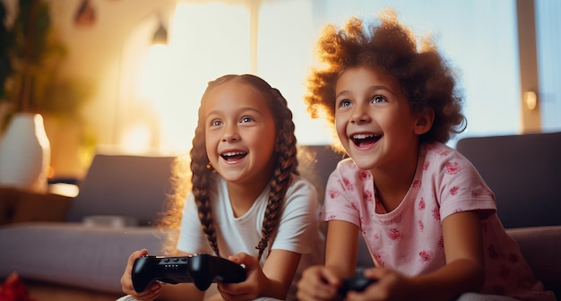 Foto duas crianças jogando videogame na sala de estar