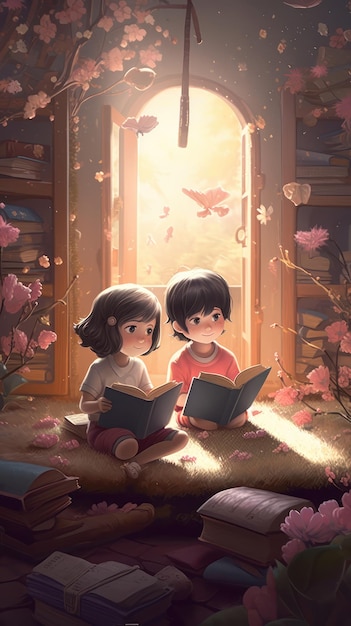 Duas crianças lendo livros em frente a uma janela com uma flor rosa à direita.