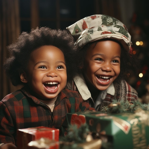 Duas crianças negras felizes a desembalar presentes.