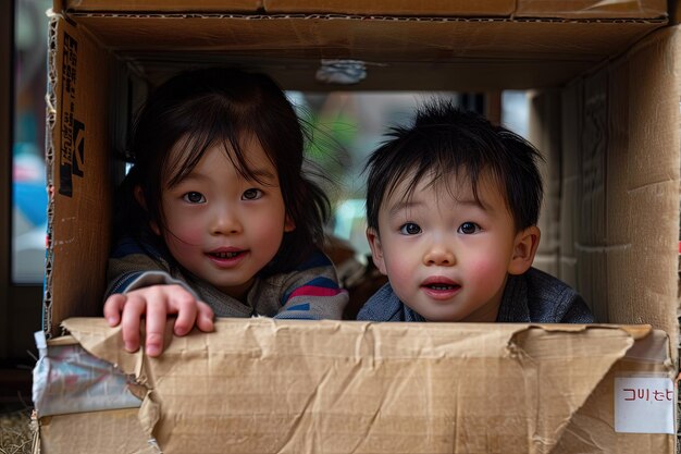 Duas crianças olhando para fora de uma caixa de papelão